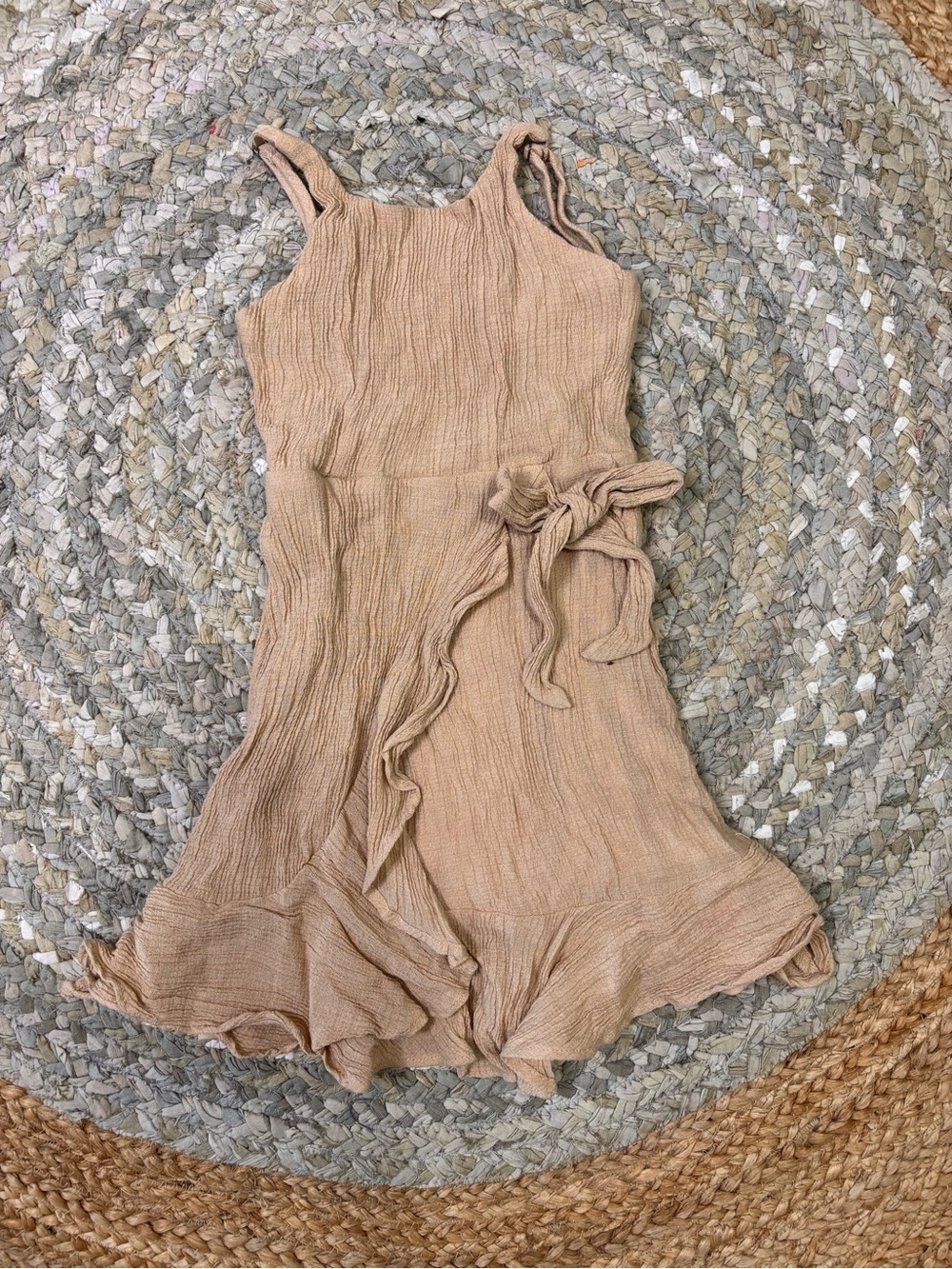 GB girls Tan Crinkled Sleeveless Sundress with Waist Tie